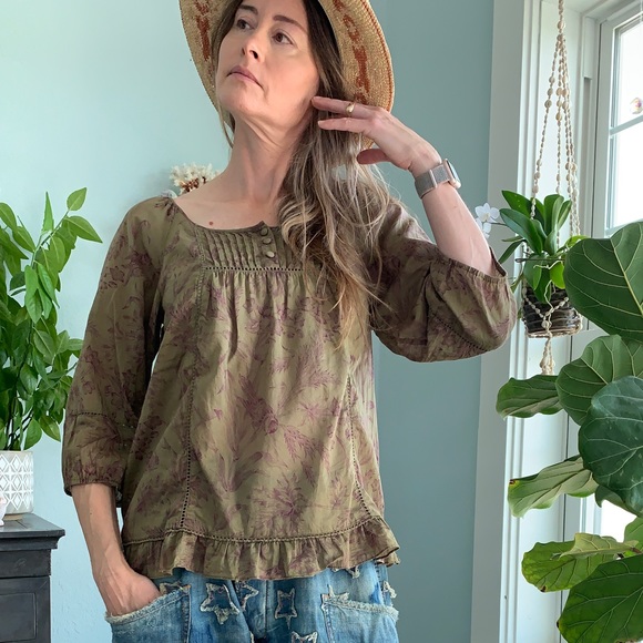 Vintage Anthropologie Bird Print Smocked Blouse - Picture 2 of 4